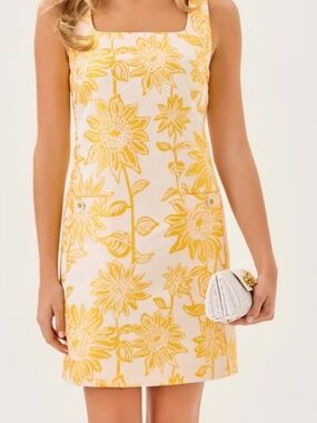 Lilly Pulitzer Yellow Floral Shift Dress Size 6 Square Neck Mini
